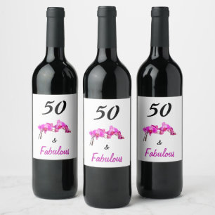 50 und fabelhaftes Rosa auf weißem, elegantem orch Weinetikett