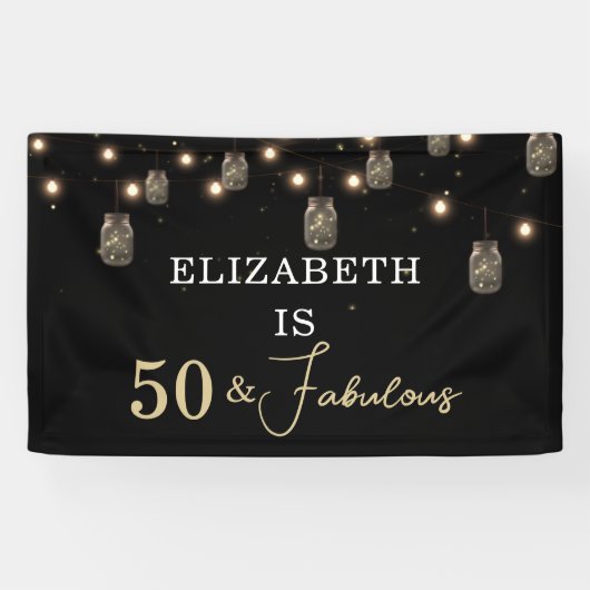 50 und fabelhaftes Schwarz mit String Lights Banner (Horizontal)