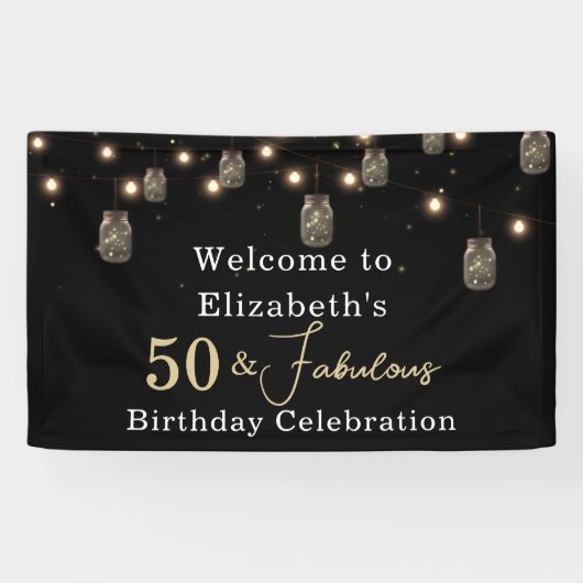 50 und fabelhaftes Schwarz mit String Lights Banner (Horizontal)