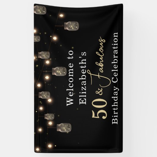 50 und fabelhaftes Schwarz mit String Lights Banner (Vertikal)