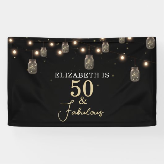 50 und fabelhaftes Schwarz mit String Lights Banner (Horizontal)