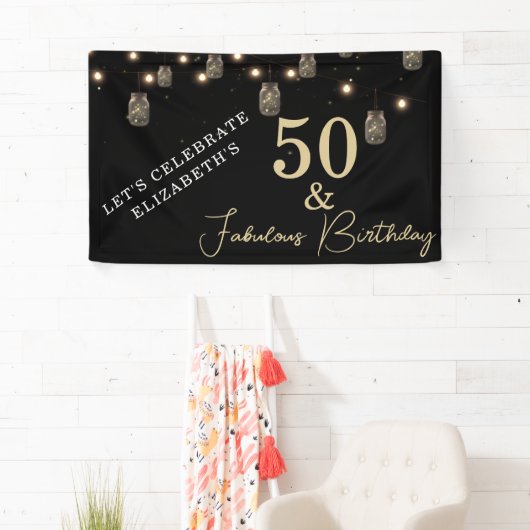 50 und fabelhaftes Schwarz mit String Lights Banner (Insitu)