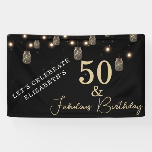 50 und fabelhaftes Schwarz mit String Lights Banner (Horizontal)