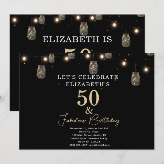 50 und fabelhaftes Schwarz mit String Lights Einladung (Vorne/Hinten)
