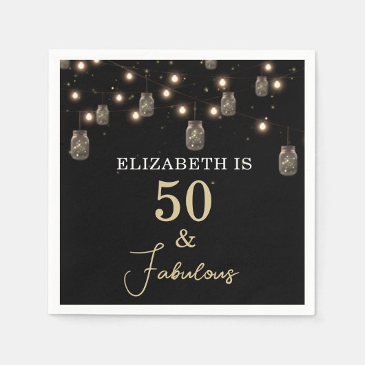 50 und fabelhaftes Schwarz mit String Lights Serviette (Vorderseite)