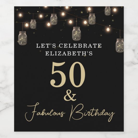 50 und fabelhaftes Schwarz mit String Lights Weinetikett (Einzelnes Label)