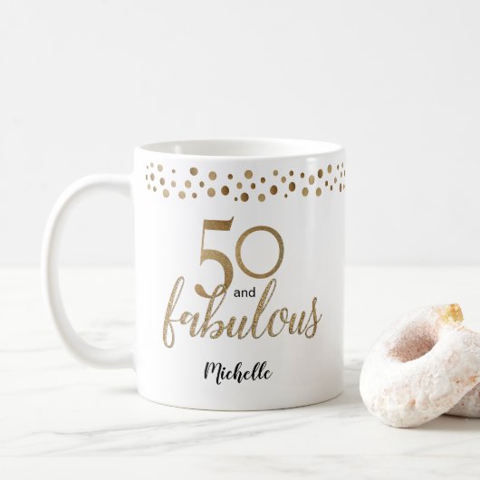 50 und Fabulous 50. Geburtstag Konfetti Gold Kaffeetasse (Mit Donut)