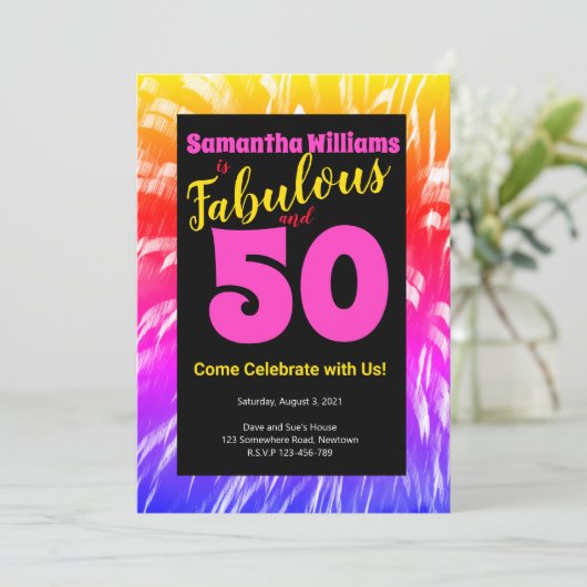 50 und Fabulous Birthday Rainbow Fireworks Einladung (Stehend Vorderseite)