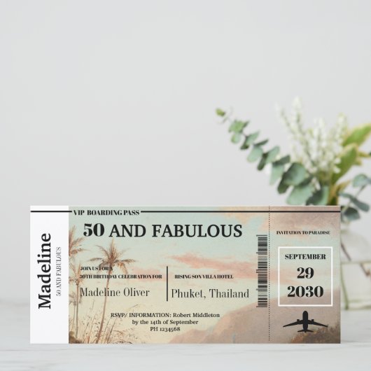 50 und Fabulous Boarding Pass Tropical Birthday (Stehend Vorderseite)