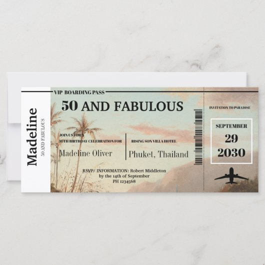 50 und Fabulous Boarding Pass Tropical Birthday (Vorderseite)