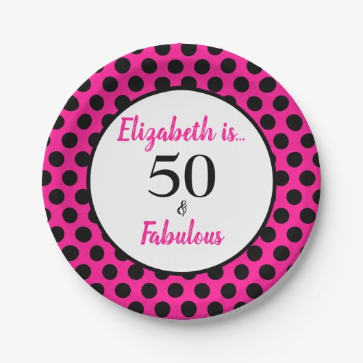 50 und fabulous Bold Pink mit schwarzen Polka Dots Pappteller (Vorderseite)
