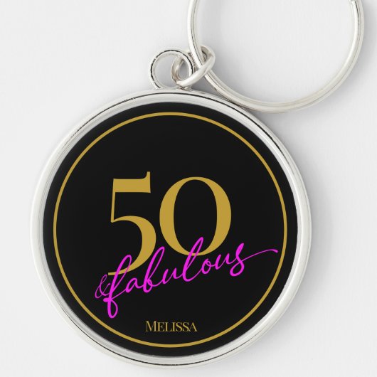 50 und Fabulous Chic Black Gold und Pink Script Schlüsselanhänger (Vorne)