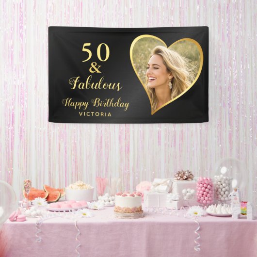 50 und Fabulous Custom Foto und Name Black & Gold Banner (Party)
