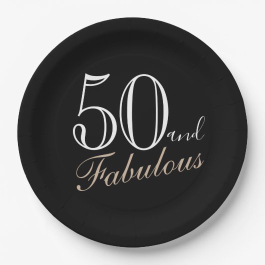 50 und Fabulous Elegant Script Black 50. Geburtsta Pappteller (Vorderseite)