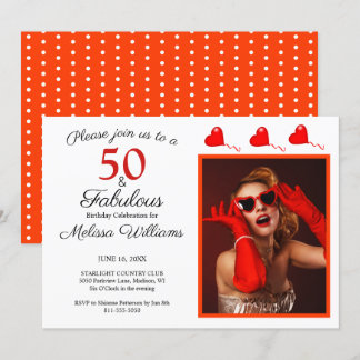 50 und Fabulous Foto Red 50. Geburtstag Orange WH Einladung
