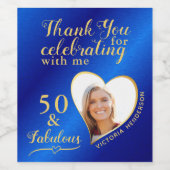 50 und fabulous Foto Royal Blue und Gold Geburtsta Weinetikett (Einzelnes Label)