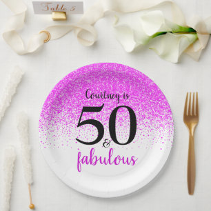 50 und Fabulous Hot Pink Confetti Custom Script Pappteller