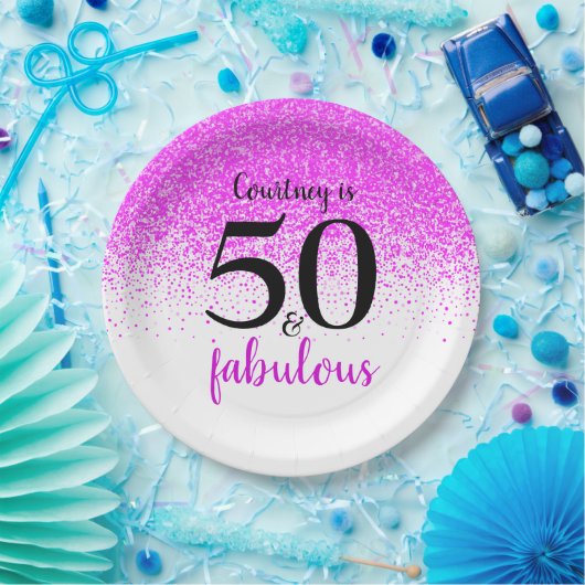 50 und Fabulous Hot Pink Confetti Custom Script Pappteller (Party)
