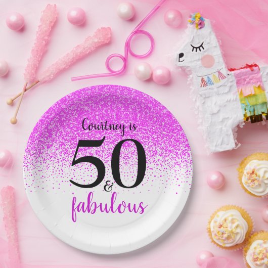 50 und Fabulous Hot Pink Confetti Custom Script Pappteller (Party)
