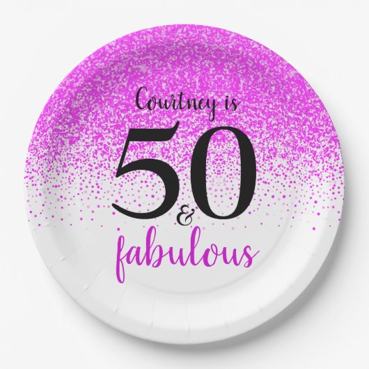 50 und Fabulous Hot Pink Confetti Custom Script Pappteller (Vorderseite)