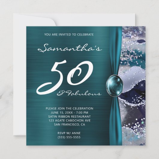 50 und Fabulous Ocean Blue Aquamarin Agate Geburts Einladung (Vorderseite)