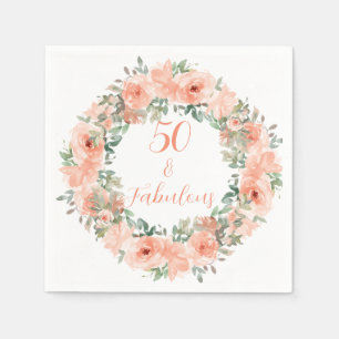 50 und fabulous Peach Floral Watercolor Geburtstag Serviette