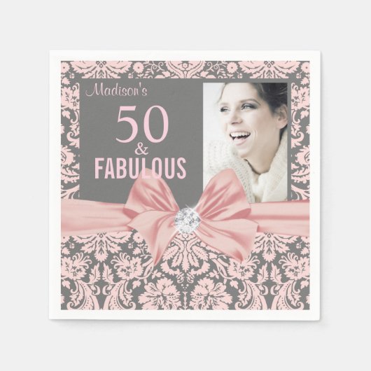 50 und Fabulous pink Damask Diamantbogengeburt Serviette (Vorderseite)
