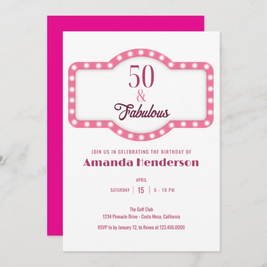 50 und Fabulous Pink Geburtstag Einladung (Vorne/Hinten)