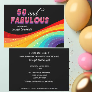 50 und Fabulous Rainbow Sparkle Pink Text Geburtst Einladung