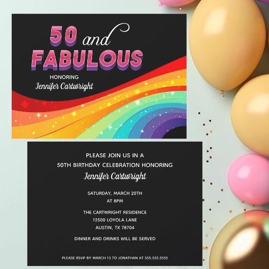 50 und Fabulous Rainbow Sparkle Pink Text Geburtst Einladung