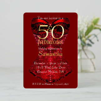 50 und Fabulous Red Corset Geburtstag Folieneinladung