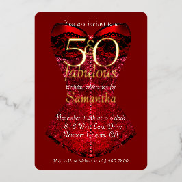 50 und Fabulous Red Corset Geburtstag Folieneinladung