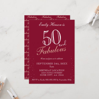 50 und Fabulous Red Elegant Script Geburtstag Einladung