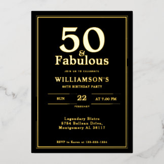50 und Fabulous | Schwarzer und goldener Geburtsta Folieneinladung