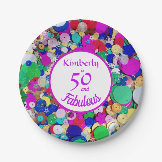 50 und Fabulous Sequin Birthday Paper Plate Pappteller (Vorderseite)
