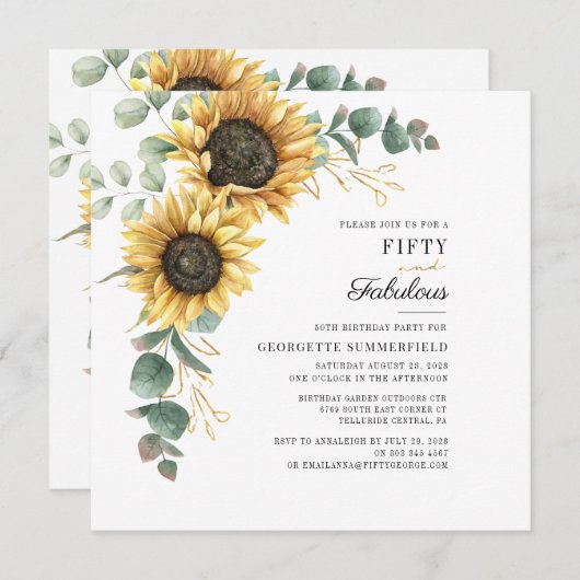 50. und fabulous Sonnenblume Eukalyptus 50. Geburt Einladung (Vorne/Hinten)