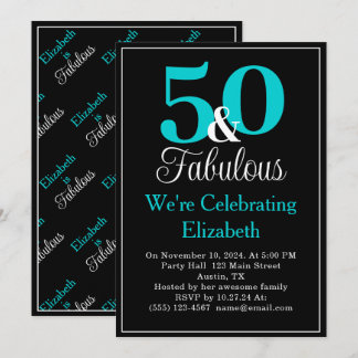 50 und fabulous Türkis Blue auf Schwarz Einladung