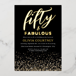 50 und Fabulous Typografy Black Gold Glitzer Folieneinladung