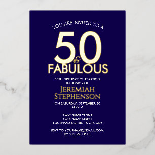 50 und fantastisch moderne Navy-Gold 50. Geburtsta Folieneinladung