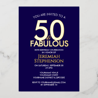 50 und fantastisch moderne Navy-Gold 50. Geburtsta Folieneinladung