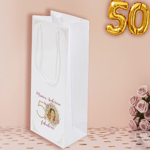 50 und Fantastisch Rosa Blumen Gold Foto Geburtsta Geschenktüte Für Weinflaschen