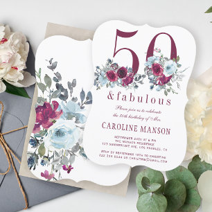 50 und fantastisch roter Burgunder Blumen 50. Gebu Einladung