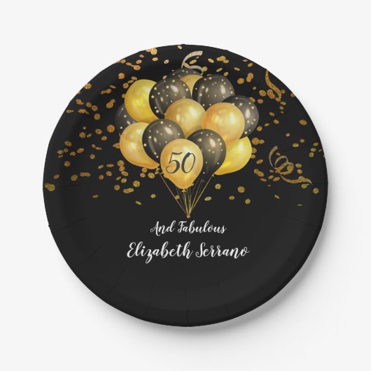 50 und prächtige Gold- und Black-Balloons Confetti Pappteller (Vorderseite)