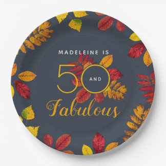 50 und üppige Herbstblätter Geburtstag Pappteller