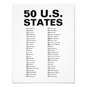 50 US-Bundesstaaten Abkürzungen Schwarz & Weiß Fotodruck