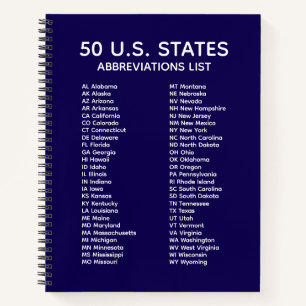 50 US-Bundesstaaten Abkürzungsverzeichnis – Blaues Notizblock