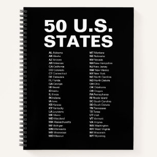 50 US-Bundesstaaten – Liste der Abkürzungen Black  Notizblock