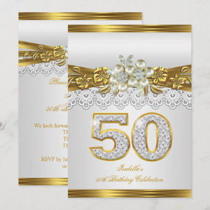 50. White Pearl Gold Lace Floral Geburtstagsfeier Einladung