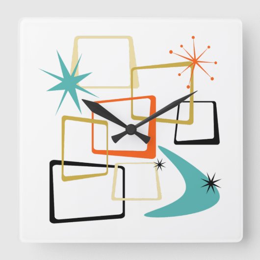50er Atomic Squares Boomerang Sternexplosion Mitte Quadratische Wanduhr (Vorderseite)
