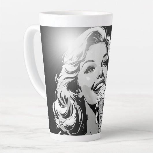 50er BW-Grafik-Comic-Stil Eiscreme-Blondine Milchtasse (Linke Ecke)